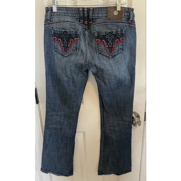 Antik Jeans Womens 29 (36x29) Embroidered Blue Denim Jeans Flap Pockets Bootcut - Picture 2 of 12